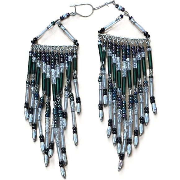 🆕 Boho Beaded Dangle Earrings | Lightweight Long Iridescent Silver Green Black - Picture 3 of 5